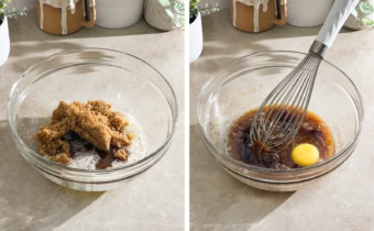 Left to right: brown sugar and browned butter in a mixing bowl, wet ingredients and a whisk in a mixing bowl.