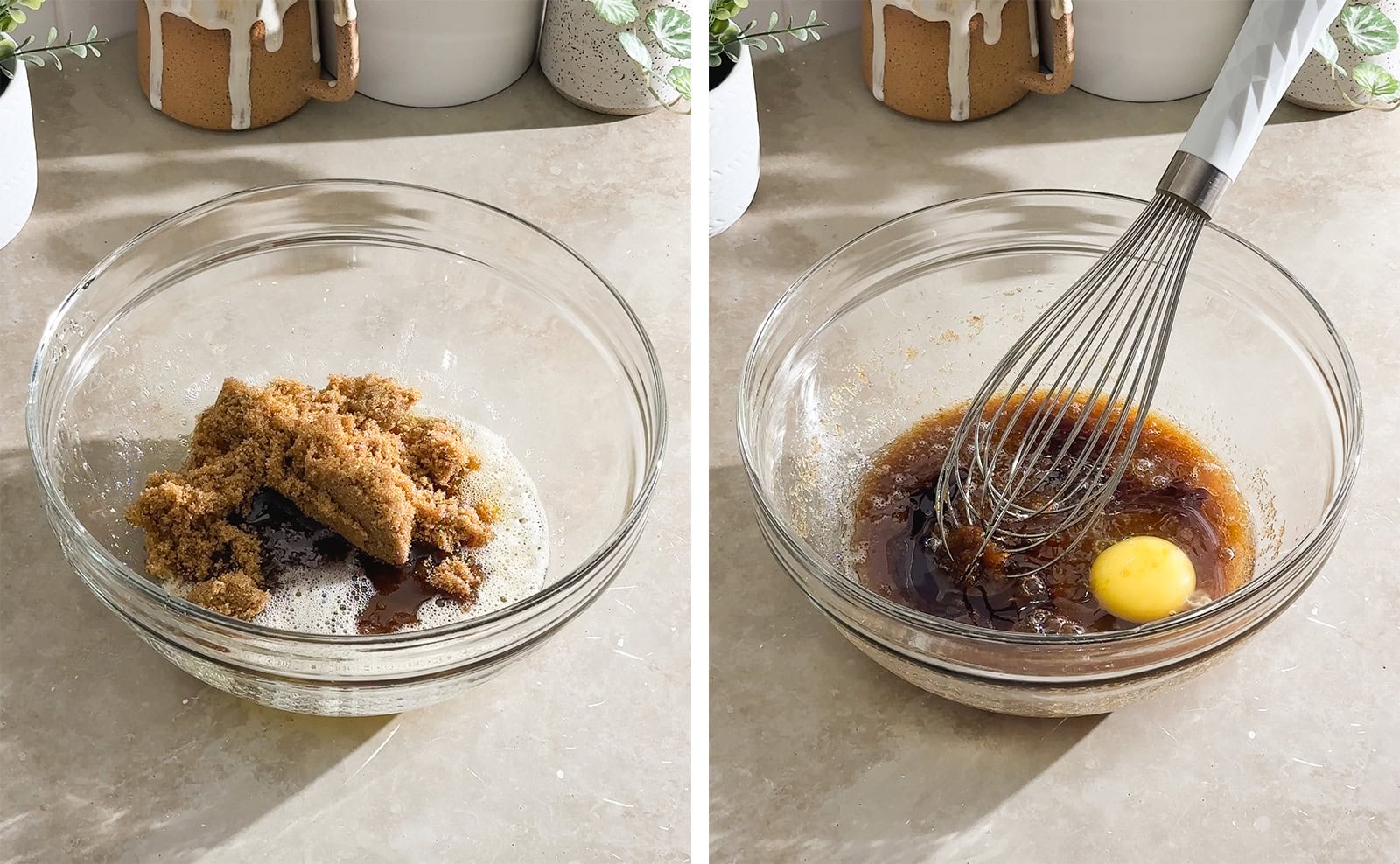 Left to right: brown sugar and browned butter in a mixing bowl, wet ingredients and a whisk in a mixing bowl.