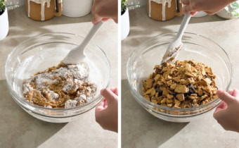 Left to right: folding flour mixture into wet ingredients with a spatula, folding graham crackers and chocolate chunks into cookie dough.