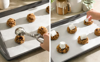 Left to right: releasing cookie dough from a cookie scooper onto a baking sheet, hand pressing a marshmallow on top of cookie dough on a baking sheet.