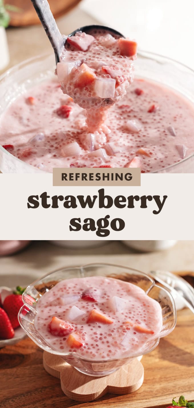 Two images of strawberry sago with text overlay that says "refreshing strawberry sago".