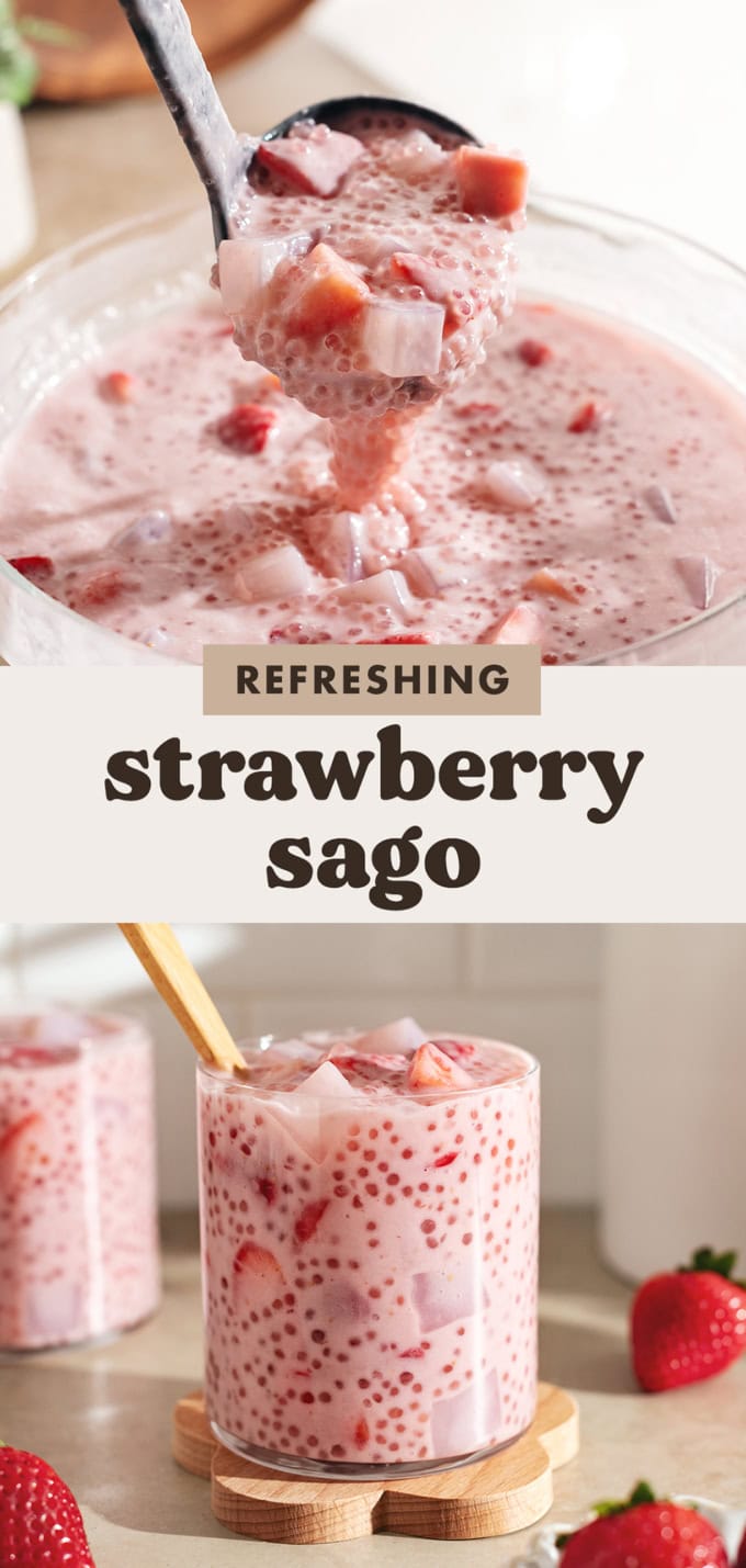 Two images of strawberry sago with text overlay that says "refreshing strawberry sago".