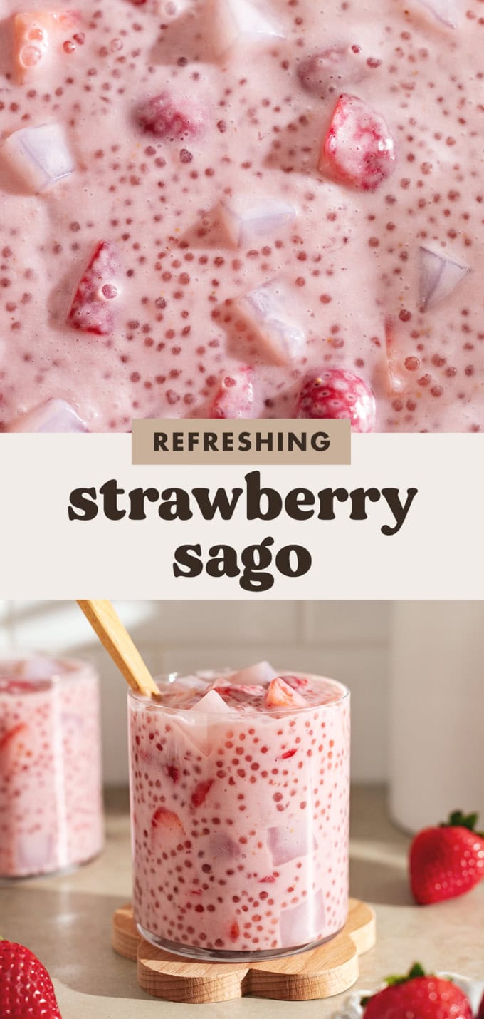 Two images of strawberry sago with text overlay that says "refreshing strawberry sago".