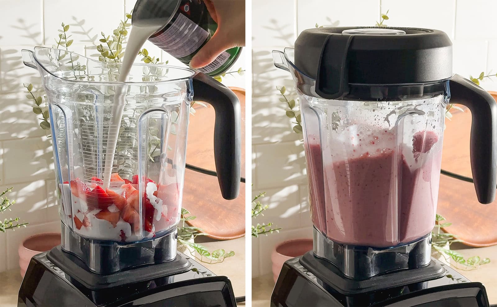 Left to right: pouring a can of coconut milk into a blender filled with strawberries, strawberry mixture blending in blender.
