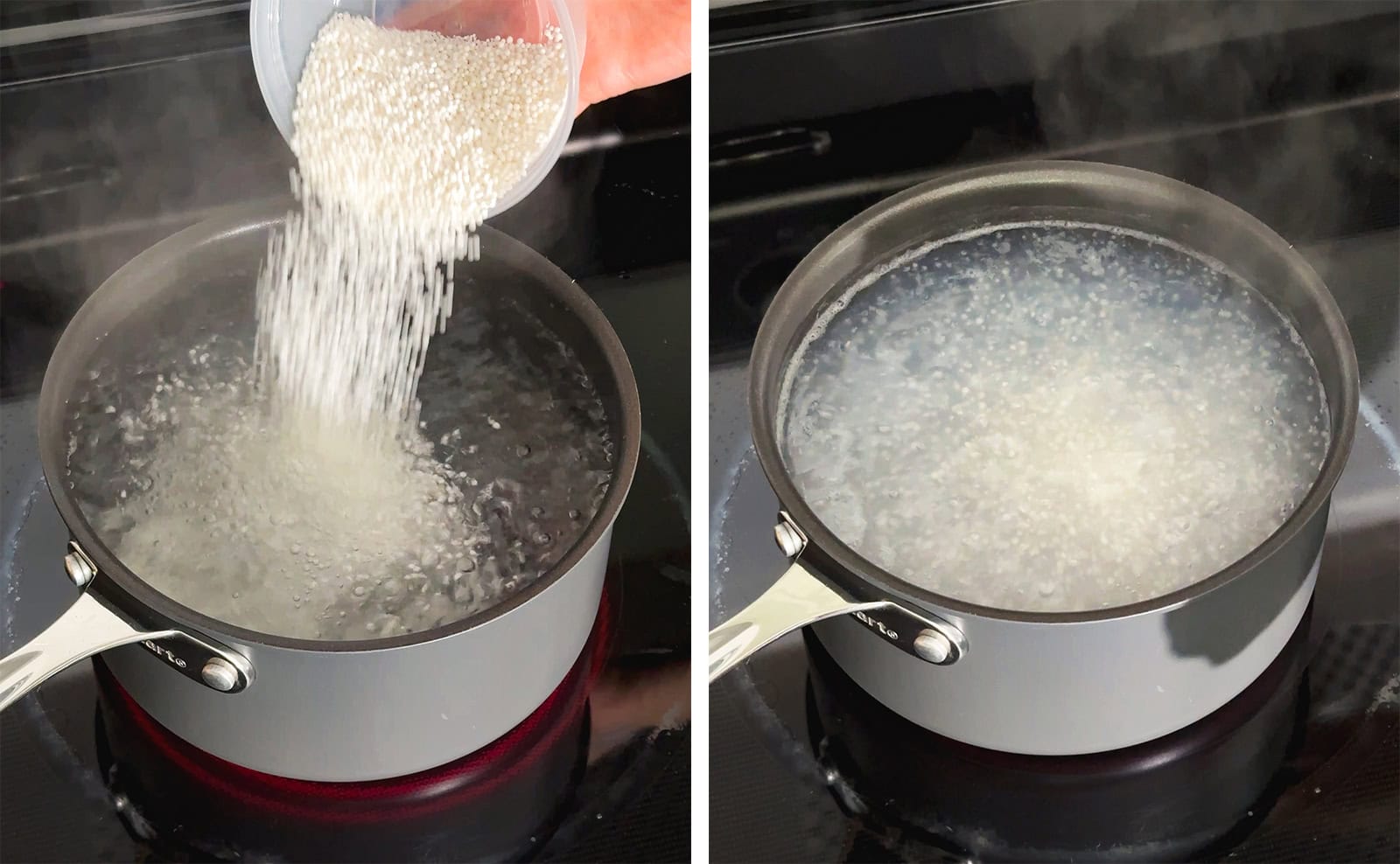 Left to right: pouring uncooked tapioca pearls into a pot of boiling water, tapioca pearls cooking in a pot of water.
