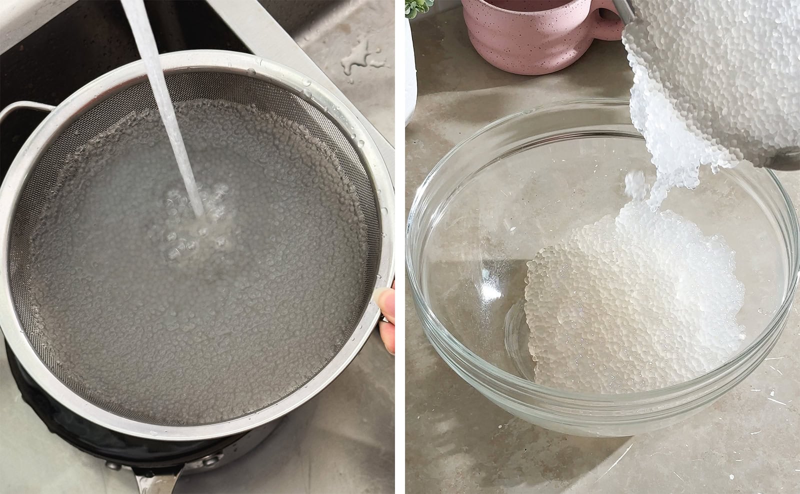 Left to right: rinsing a sieve full of tapioca pearls with water, pouring cooked tapioca pearls into a mixing bowl.
