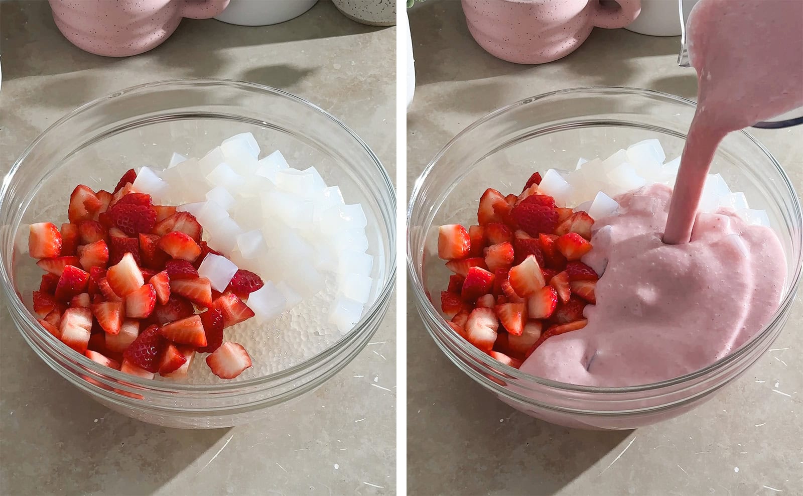 Left to right: tapioca pearls, strawberries, and coconut jellies in a bowl, pouring strawberry mixture into bowl of strawberries and coconut jellies.