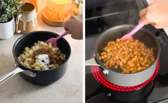 Left to right: chopped apples and sugar in a pot, mixing cooked apple compote in a pot with a spatula.