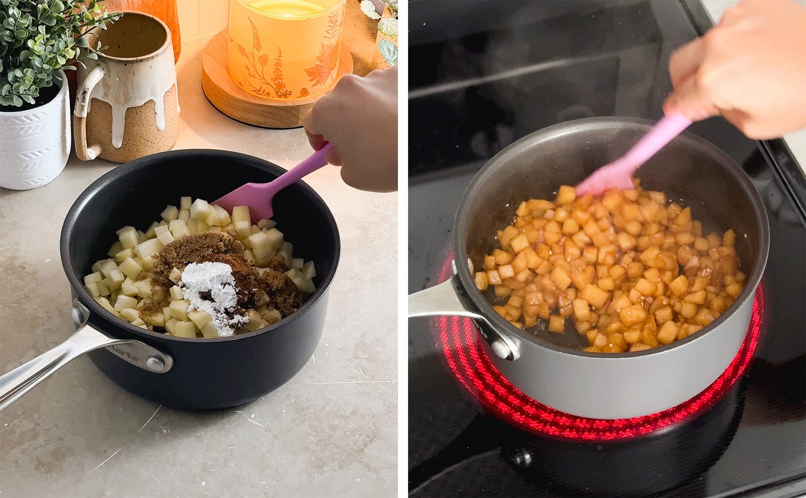 Left to right: chopped apples and sugar in a pot, mixing cooked apple compote in a pot with a spatula.