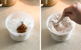 Left to right: dry ingredients in a container, stirring dry ingredients together with a spoon.