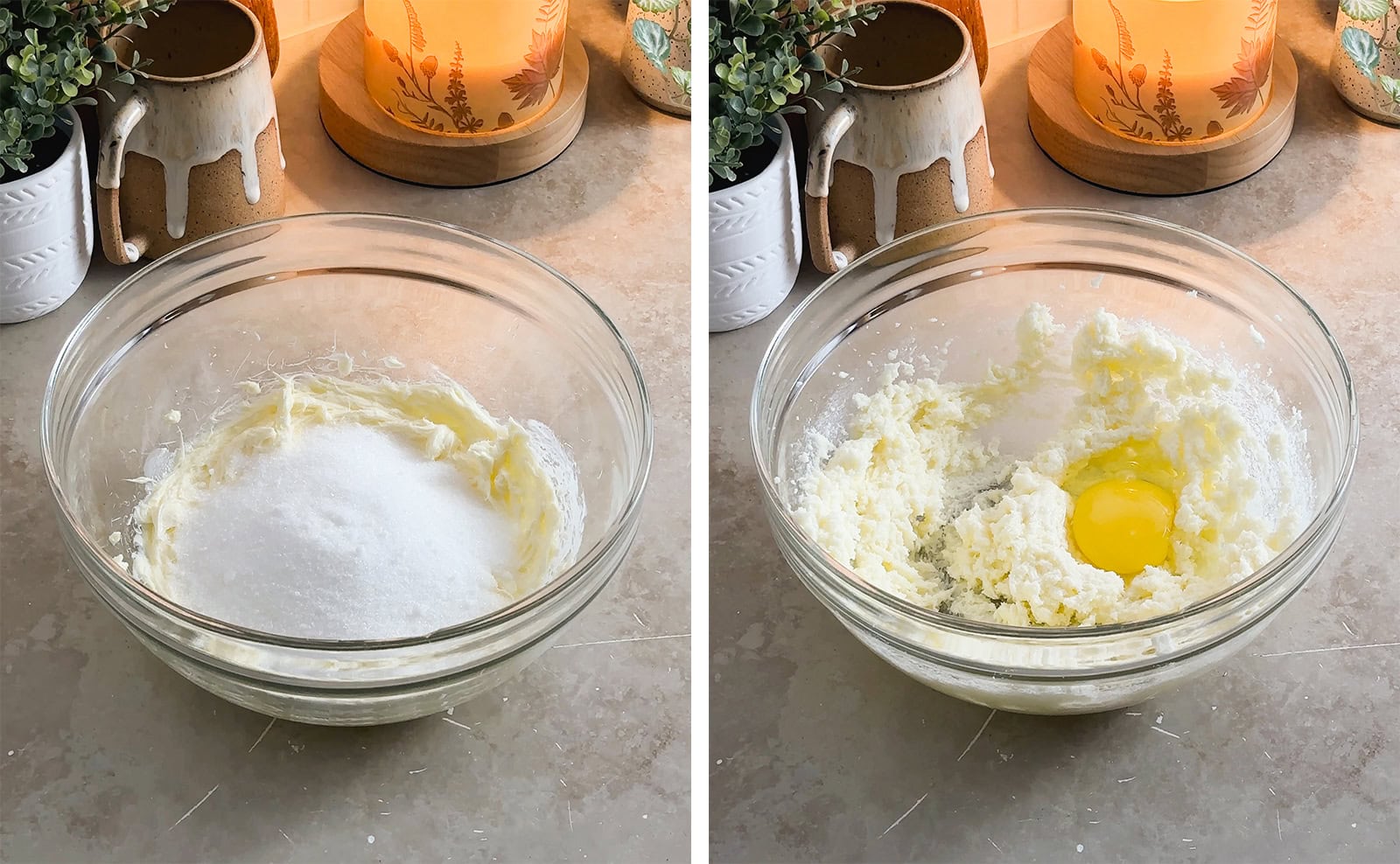 Left to right: butter and sugar in a mixing bowl, creamed butter and an egg in a mixing bowl.