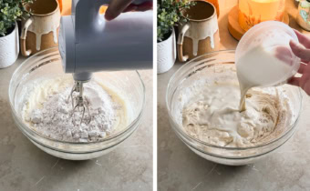 Left to right: mixing cake wet and dry mixtures with a hand mixer, pouring milk into a bowl of cake batter.