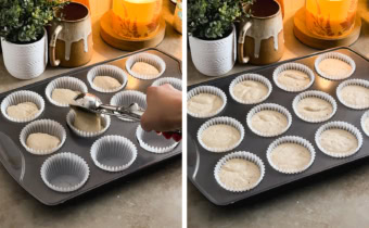 Left to right: adding cupcake batter to a lined muffin pan, muffin pan filled with cupcake batter.