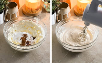 Left to right: frosting ingredients in a mixing bowl, mixing cream cheese frosting with a hand mixer.