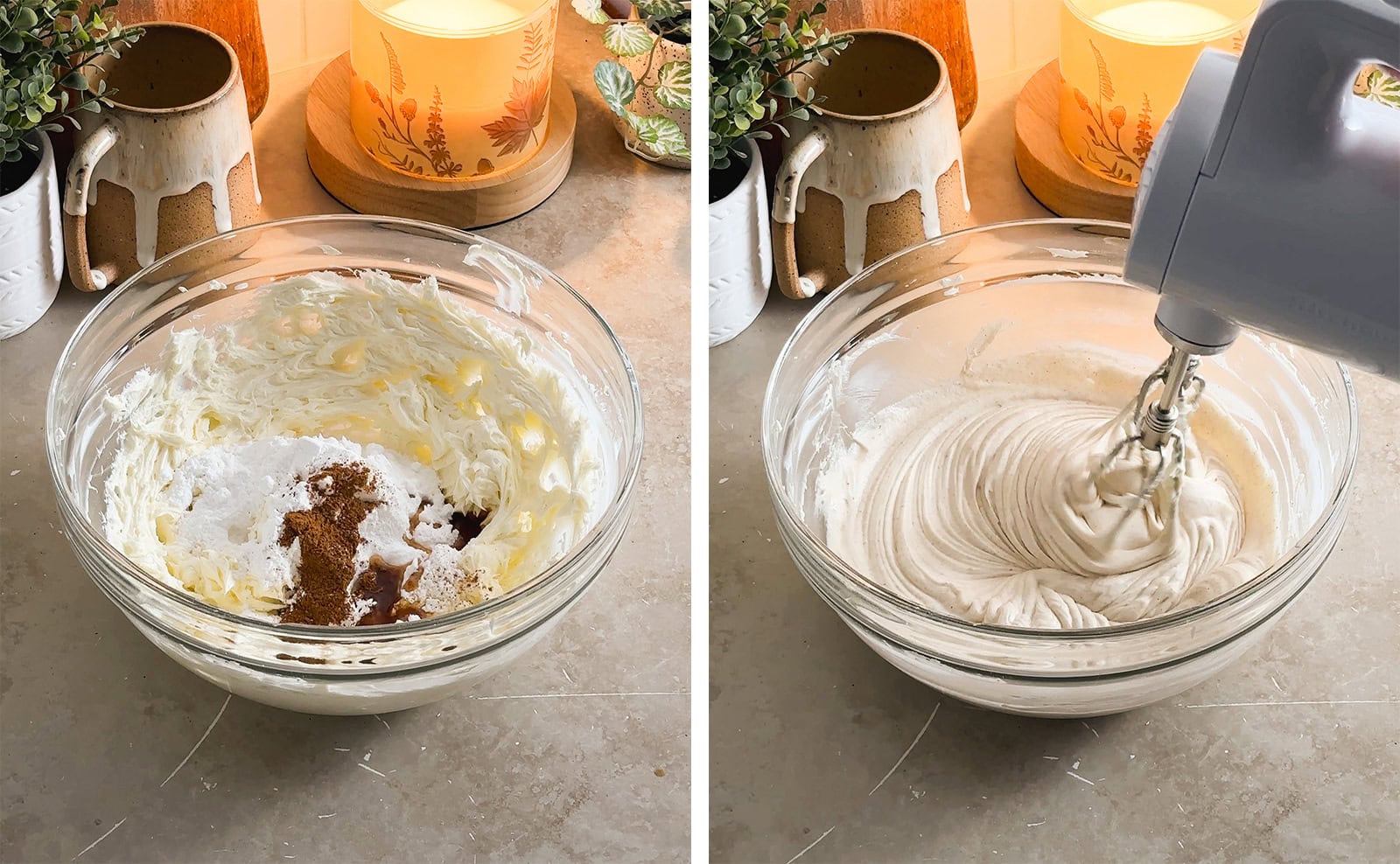 Left to right: frosting ingredients in a mixing bowl, mixing cream cheese frosting with a hand mixer.