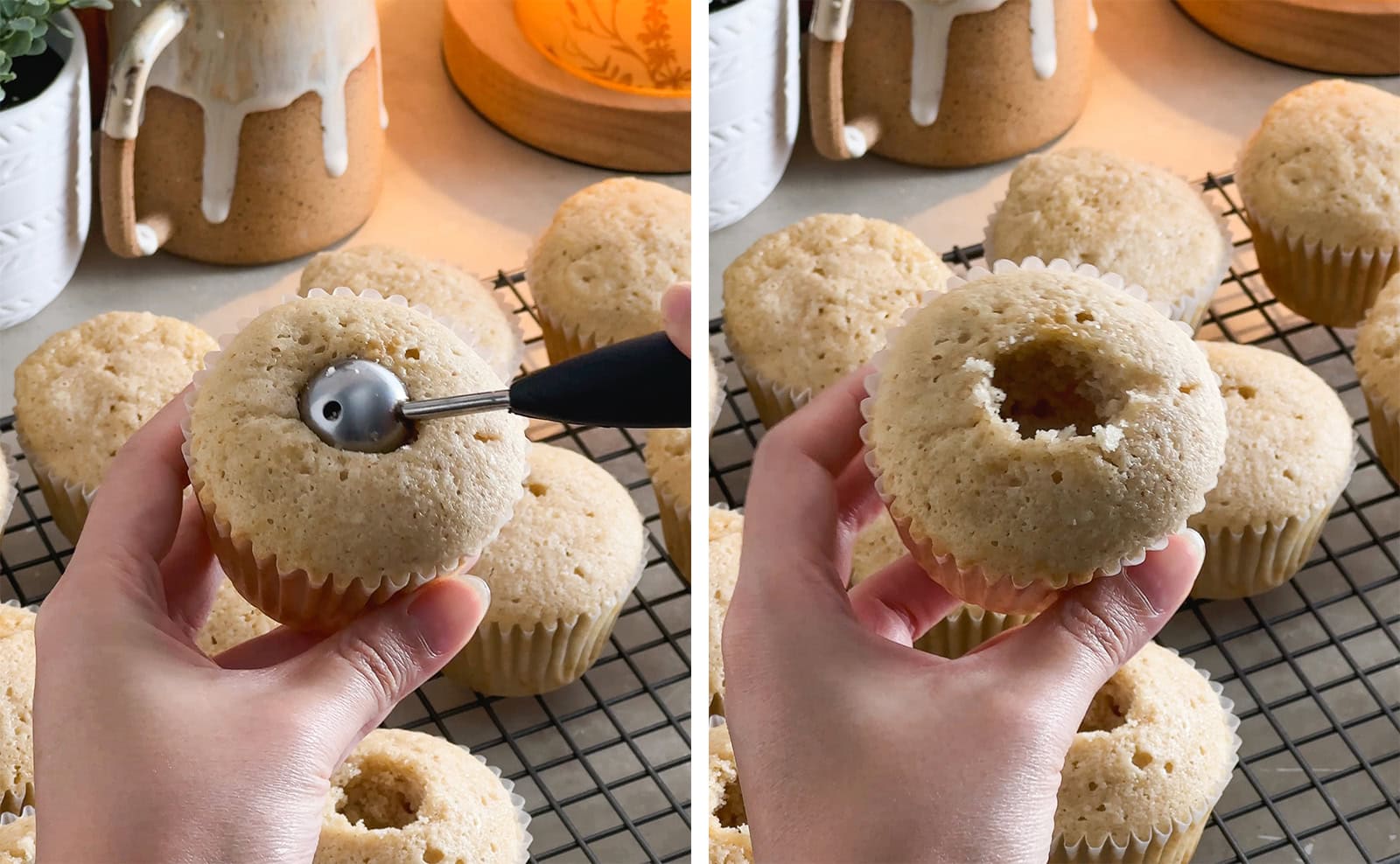 Left to right: scooping out the middle of a cupcake with a melon baller, cupcakes with a hole in the middle.