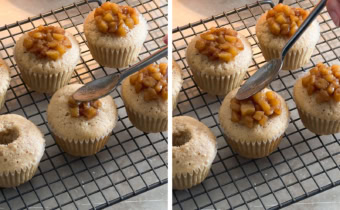 Left to right: pressing apple compote into the middle of a cupcake, adding apple compote on top of a cupcake with a spoon.