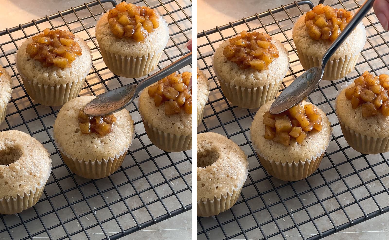 Left to right: pressing apple compote into the middle of a cupcake, adding apple compote on top of a cupcake with a spoon.
