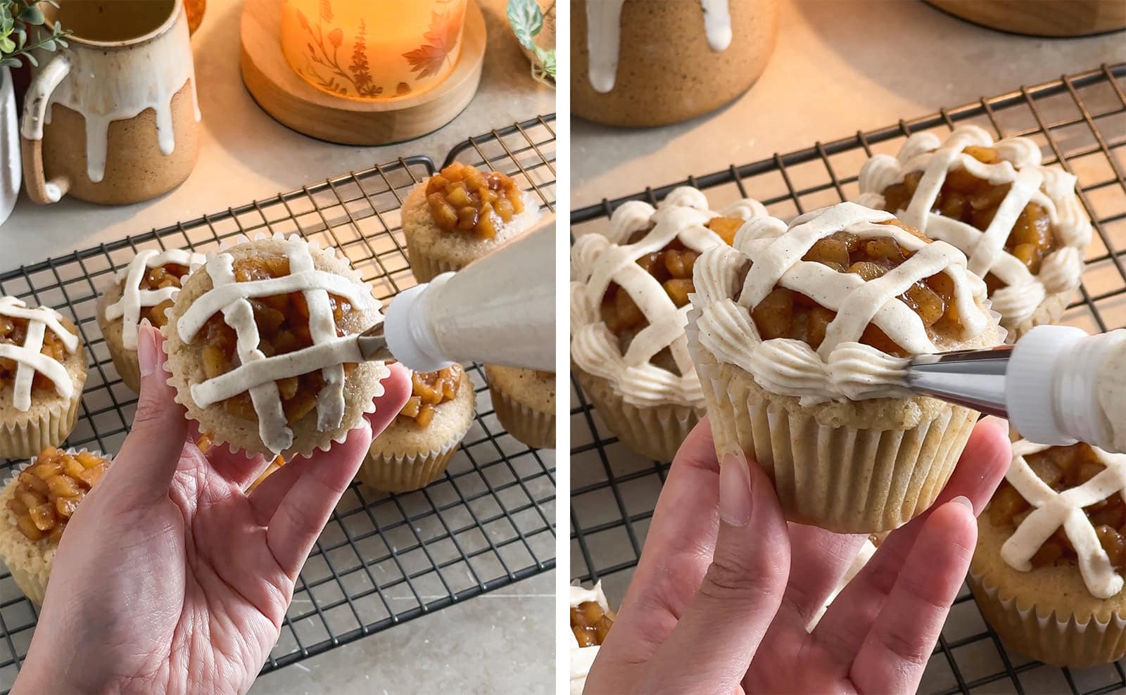 Left to right: piping lines of frosting on top of a cupcake, piping a border of frosting on top of a cupcake.