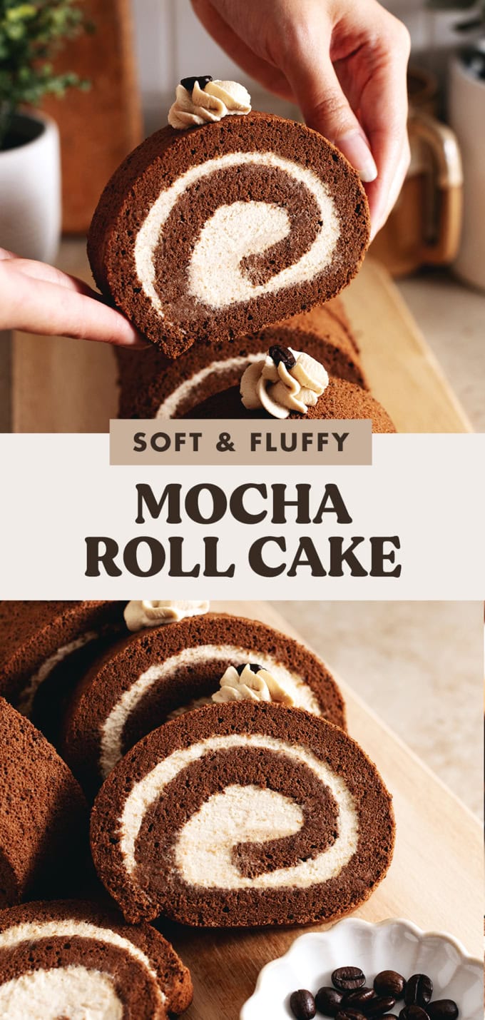 Two images of a mocha roll cake with a text overlay that reads "soft and fluffy mocha roll cake".