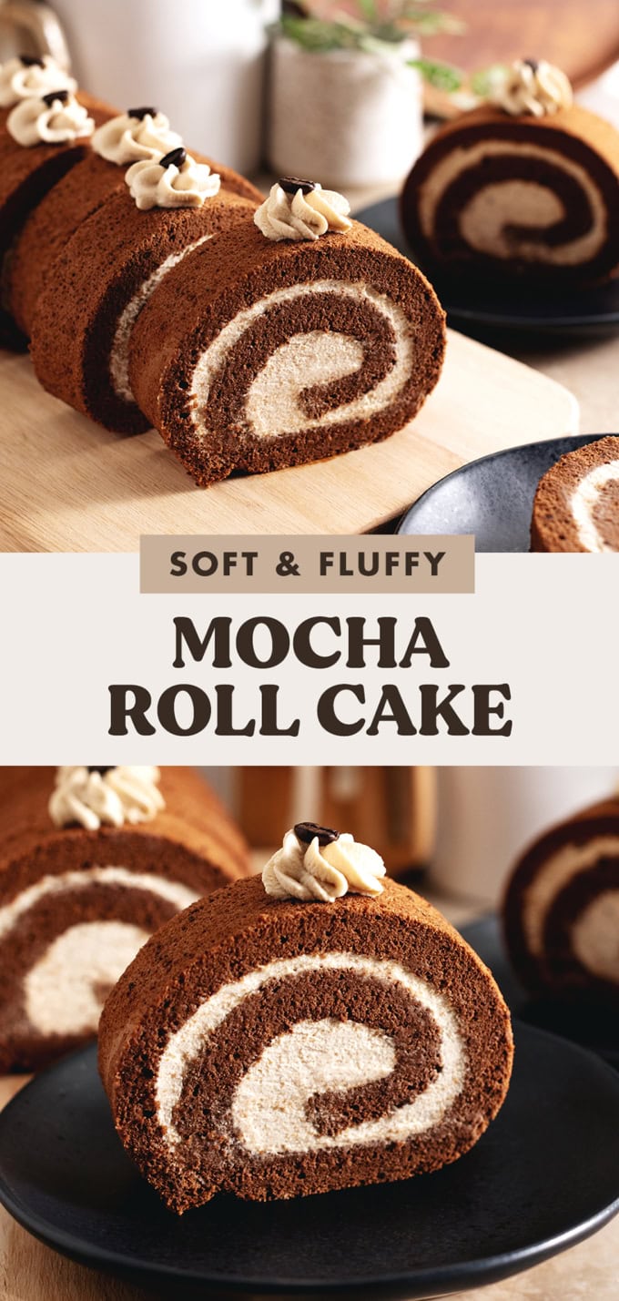 Two images of a mocha roll cake with a text overlay that reads "soft and fluffy mocha roll cake".