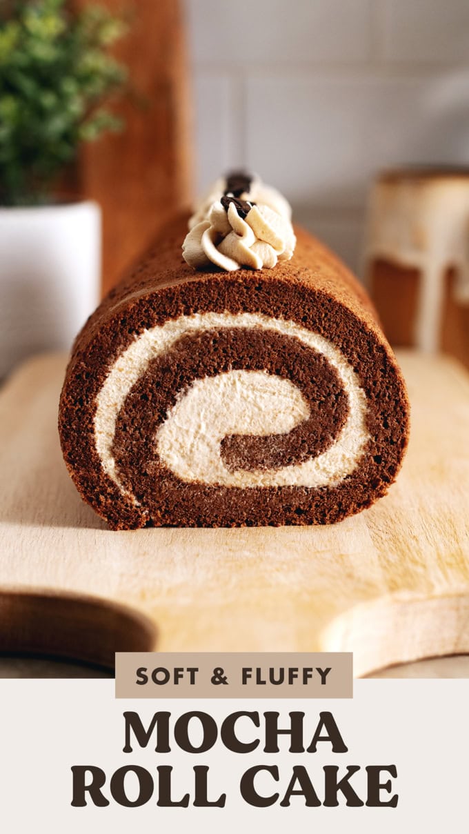 Cross-section view of a mocha roll cake to show the swirl.