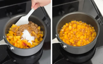 Left to right: mixing chopped peaches and sugar together in a pot, cooked peach compote in a pot.