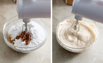 Left to right: hand mixer in a bowl of ingredients, mixing cream cheese frosting with a hand mixer.