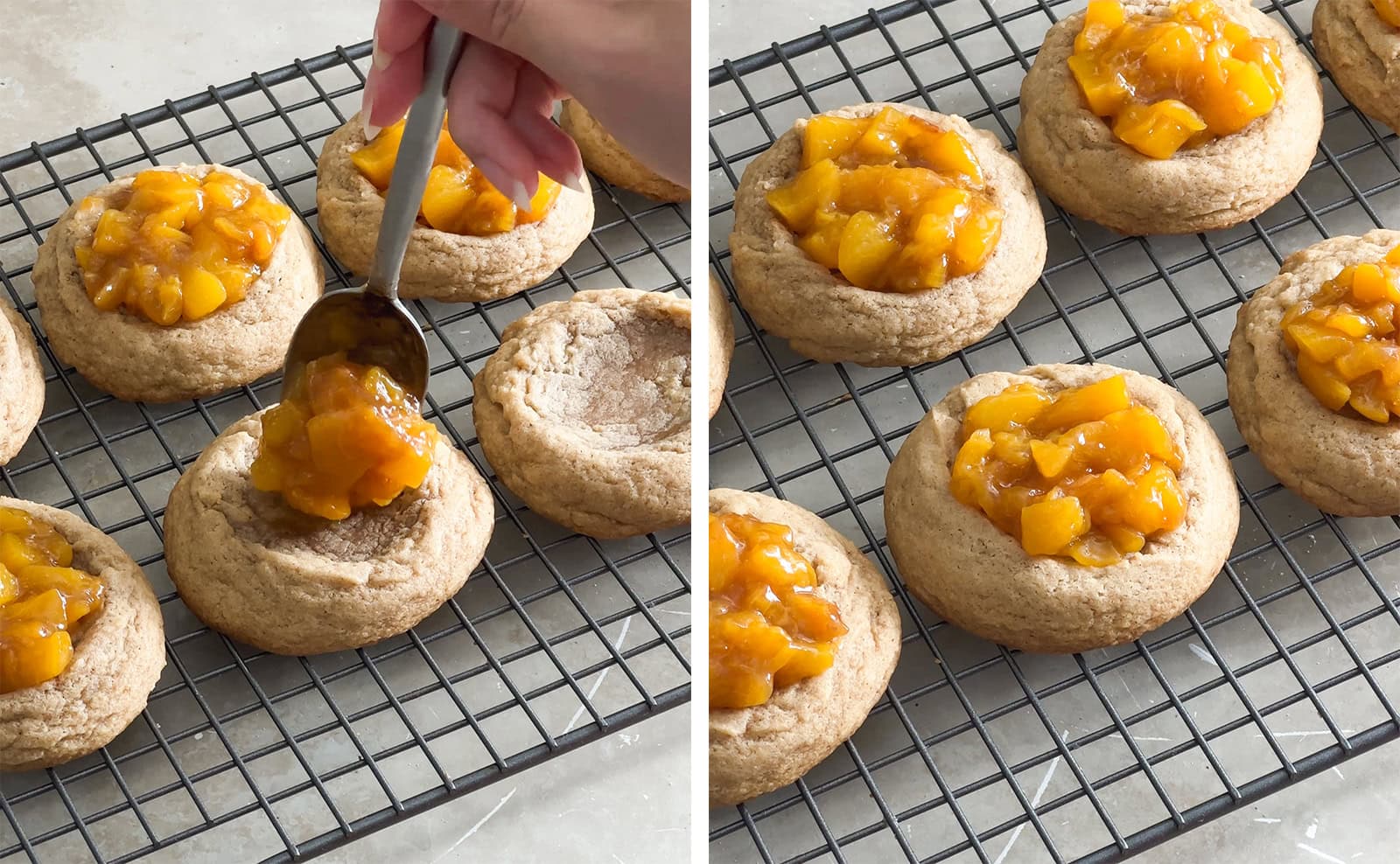 Left to right: adding a spoonful of peach compote on top of a cookie, cookies topped with peach compote on a wire rack.