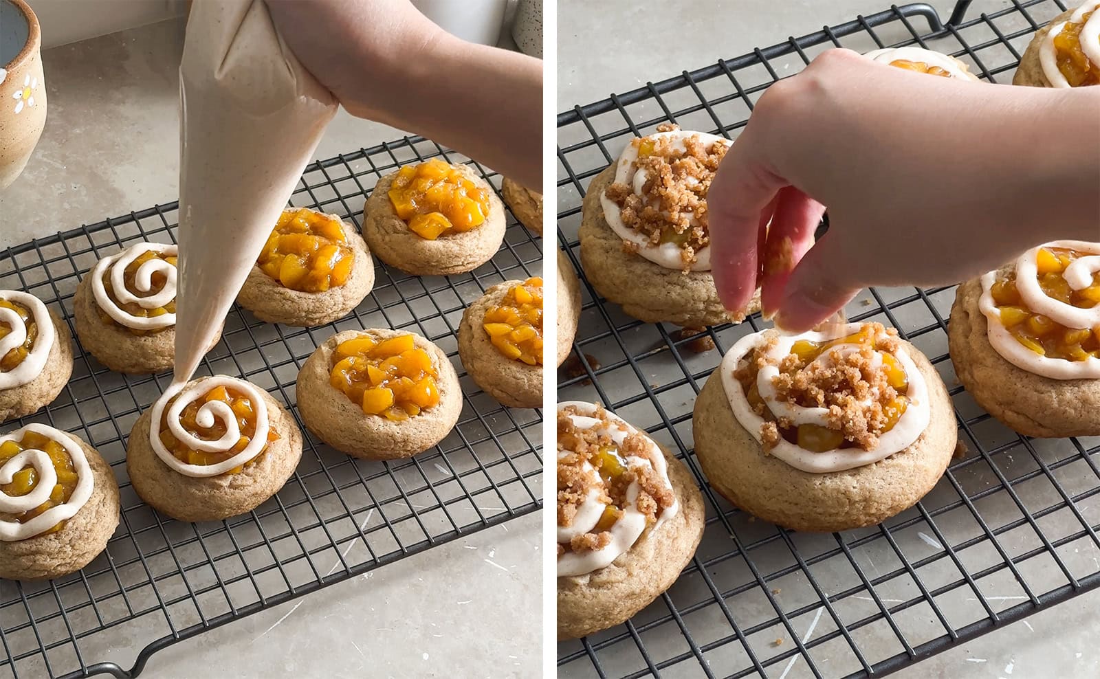 Left to right: piping a swirl of cream cheese frosting on top of a peach cookie, hand sprinkling crumble on top of cookies.