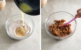 Left to right: pouring melted butter in a bowl of flour, mixing crumble mixture with a spatula.