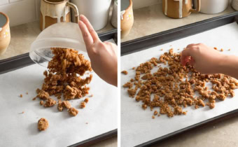 Left to right: pouring crumble mixture onto baking sheet, hand spreading out crumble on a baking sheet.