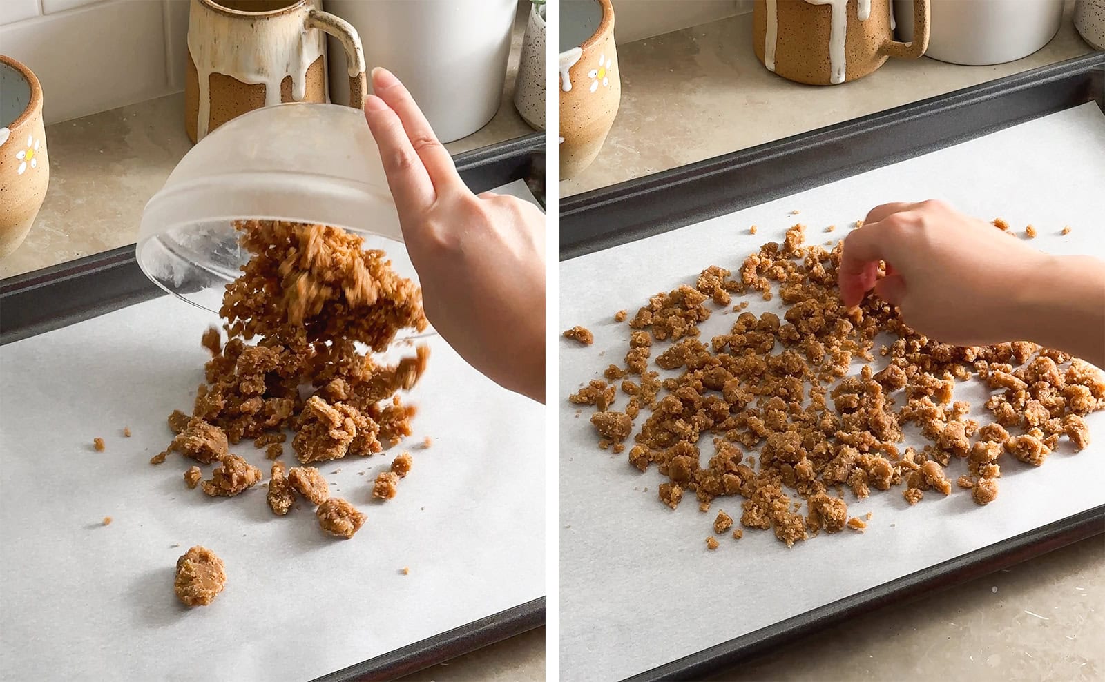 Left to right: pouring crumble mixture onto baking sheet, hand spreading out crumble on a baking sheet.