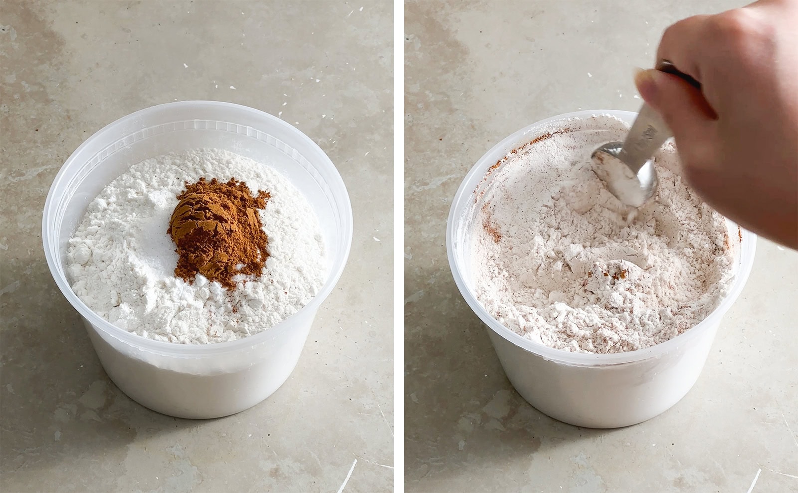 Left to right: dry ingredients in a container, hand stirring dry ingredients together with a spoon.