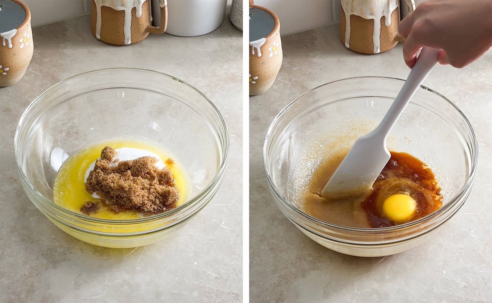 Left to right: melted butter and sugars in a mixing bowl, mixing an egg into wet ingredients with a spatula.