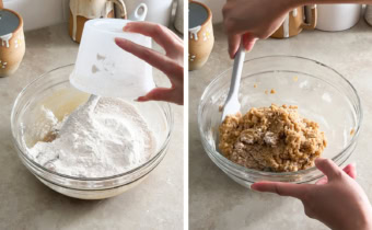Left to right: pouring dry ingredients into a bowl of wet ingredients, mixing cookie dough with a spatula.