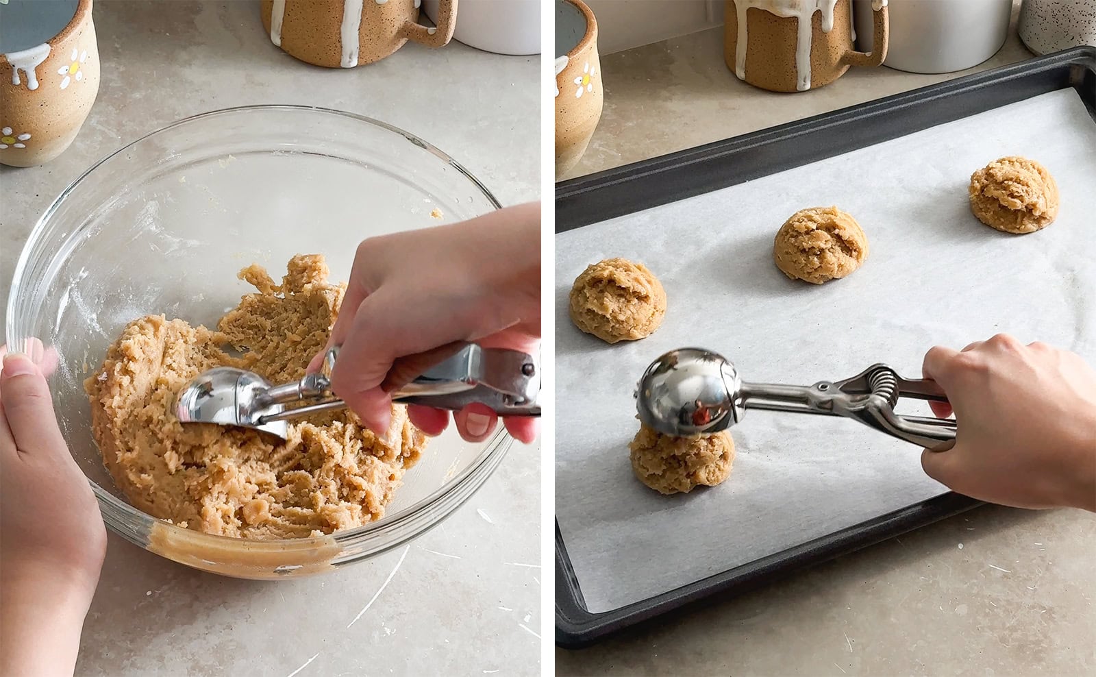 Left to right: scooping cookie dough with a cookie scoop, releasing cookie dough onto a baking sheet.