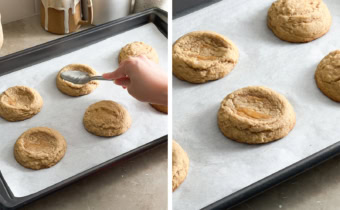 Left to right: pressing baked cookies down with a spoon, cookies with an indentation pressed into the middle.