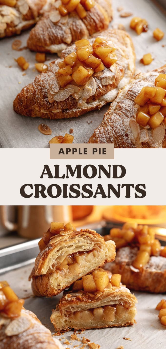 Top: apple pie almond croissants on a baking tray, bottom: and almond croissant cut in half to show the filling inside.