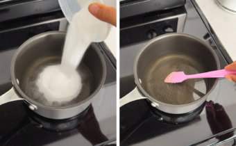 Left: pouring sugar into a pot of water, right: stirring a pot of simple syrup with a spatula.
