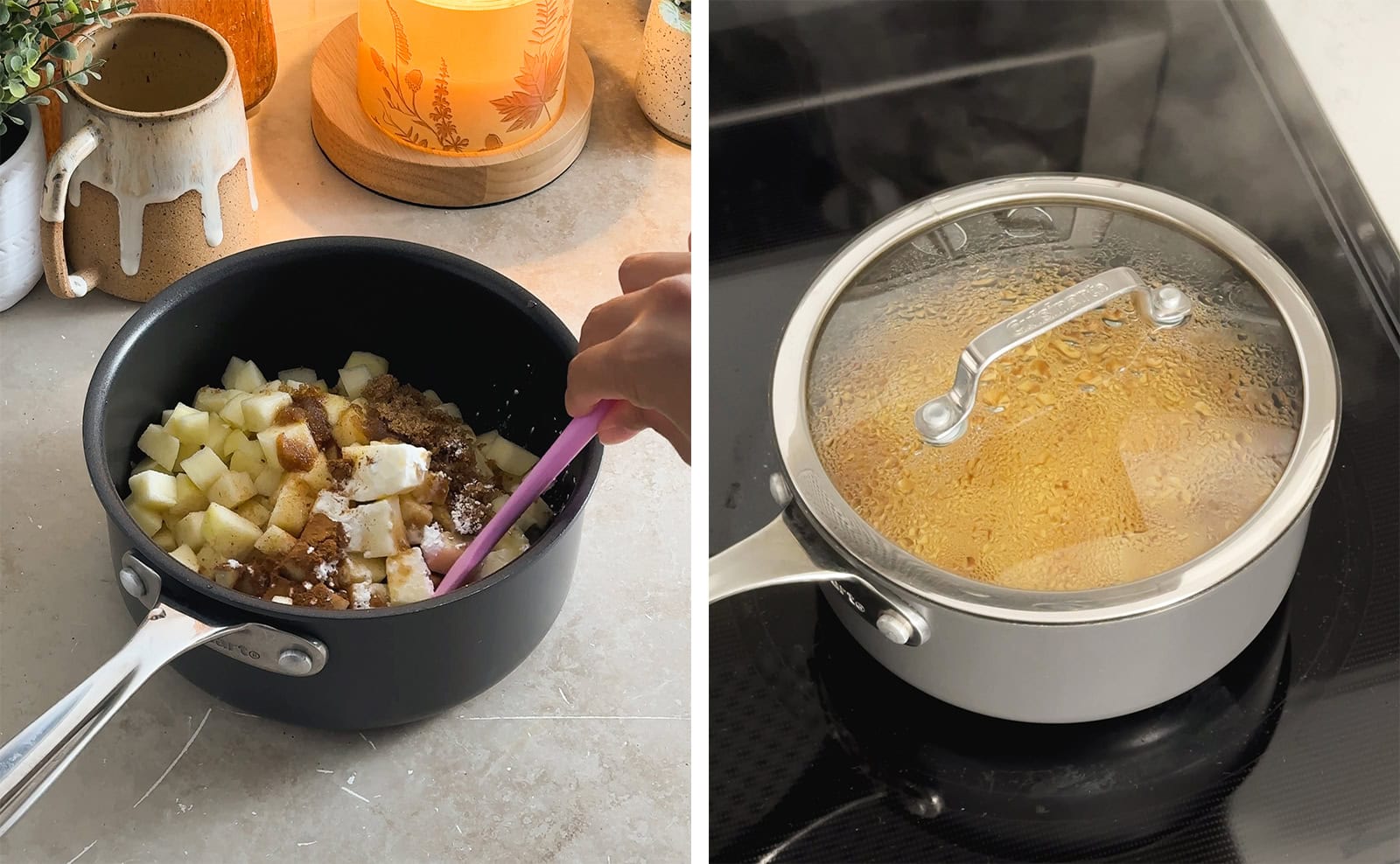 Left: mixing diced apples and spices with a spatula in a pot, right: a covered pot being brought to a boil.