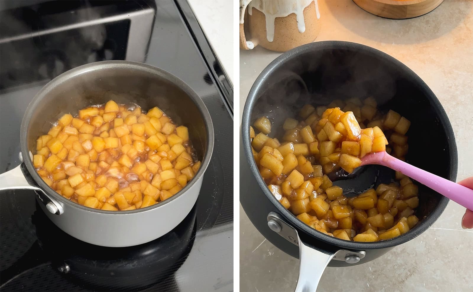 Left: diced apples bubbling in pot, right: scooping apple pie filling with a spatula from a pot.