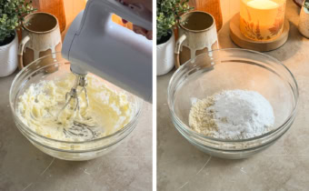 Left: creaming butter in a bowl with a hand mixer, right: dry ingredients in a mixing bowl.
