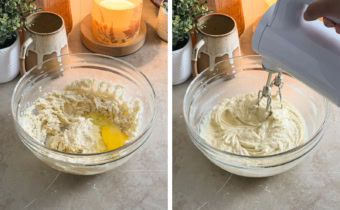 Left: an egg in a bowl of batter, right: mixing frangipane in a bowl with a hand mixer.