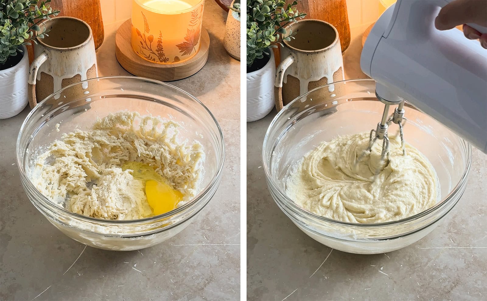 Left: an egg in a bowl of batter, right: mixing frangipane in a bowl with a hand mixer.