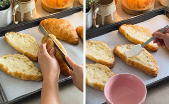 Left: cutting a croissant in half with a knife, right: brushing a croissant with simple syrup.