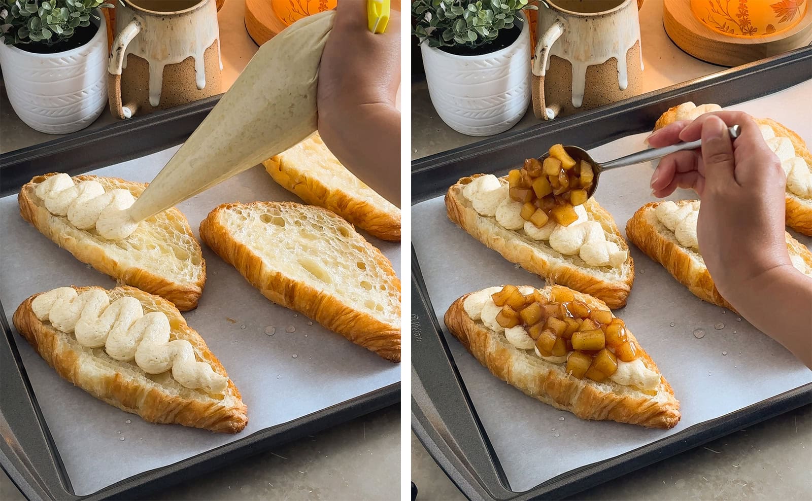 Left: piping frangipane onto half of a croissant, right: adding a spoonful of apple pie filling on top of the frangipane on a croissant.