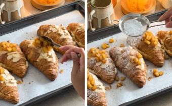 Left: adding a spoonful of apple filling on top of a baked almond croissant, right: dusting apple pie almond croissants with powdered sugar from a sieve.