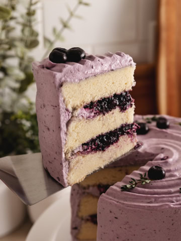 A slice of blueberry chiffon cake lifted from the rest of the cake with a cake server.