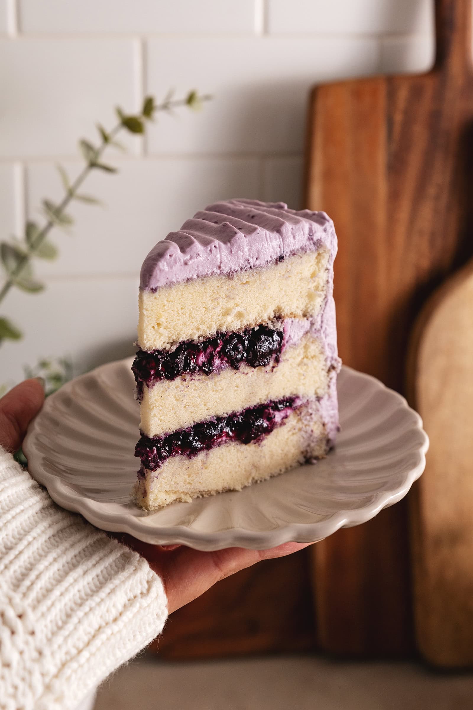 A hand holding a plate with a slice of blueberry chiffon cake.